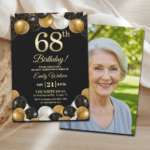 Convites Foto de 68º Aniversário com Brilho Preto Elegante 