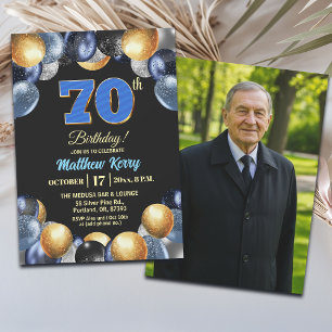 Convites Foto de 70º Aniversário Azul Prata Dourado Elegant