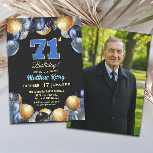 Convites Foto de 71º Aniversário Azul Prata Dourado Elegant