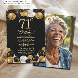 Convites Foto de 71º Aniversário com Brilho Preto e Dourado