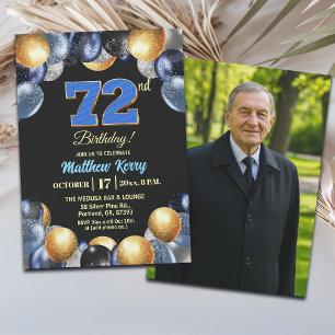 Convites Foto de 72º Aniversário Azul Prata Dourado Elegant