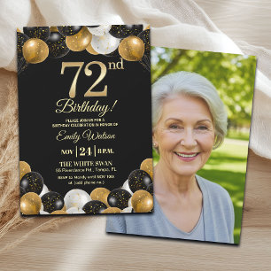 Convites Foto de 72º Aniversário com Brilho Preto e Dourado