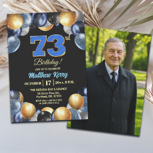 Convites Foto de 73º Aniversário Azul Prata Dourado Elegant