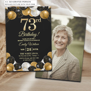 Convites Foto de 73º Aniversário com Brilho Preto e Dourado
