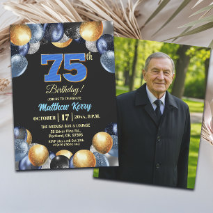 Convites Foto de 75º Aniversário Azul Prata Dourado Elegant