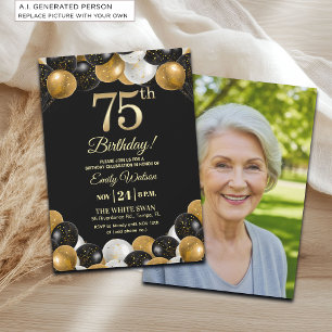 Convites Foto de 75º Aniversário com Brilho Preto Dourado E