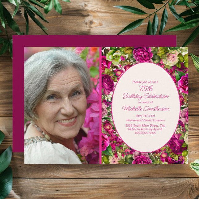 Convites Foto de 75.º aniversário do Fuchsia Pink Floral (Fuchsia/pink 75th birthday party photo invitation)