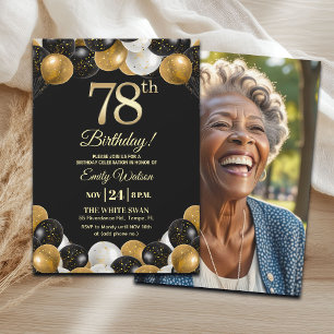 Convites Foto de 78º Aniversário com Brilho Preto e Dourado