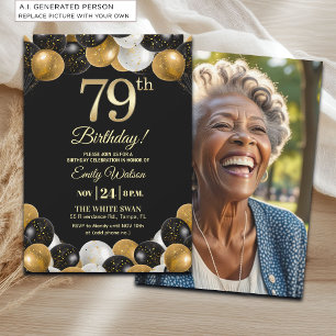 Convites Foto de 79º Aniversário com Brilho Preto e Dourado
