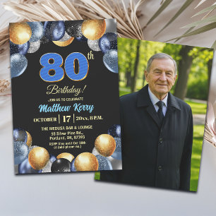 Convites Foto de 80º Aniversário Azul Prata Dourado Elegant