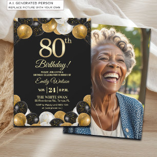 Convites Foto de 80º Aniversário com Brilho Preto e Dourado