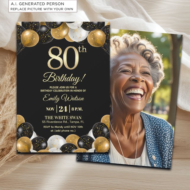 Convites Foto de 80º Aniversário com Brilho Preto e Dourado (Criador carregado)
