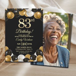 Convites Foto de 83º Aniversário com Brilho Preto e Dourado