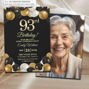 Convites Foto de 93º Aniversário com Brilho Preto e Dourado
