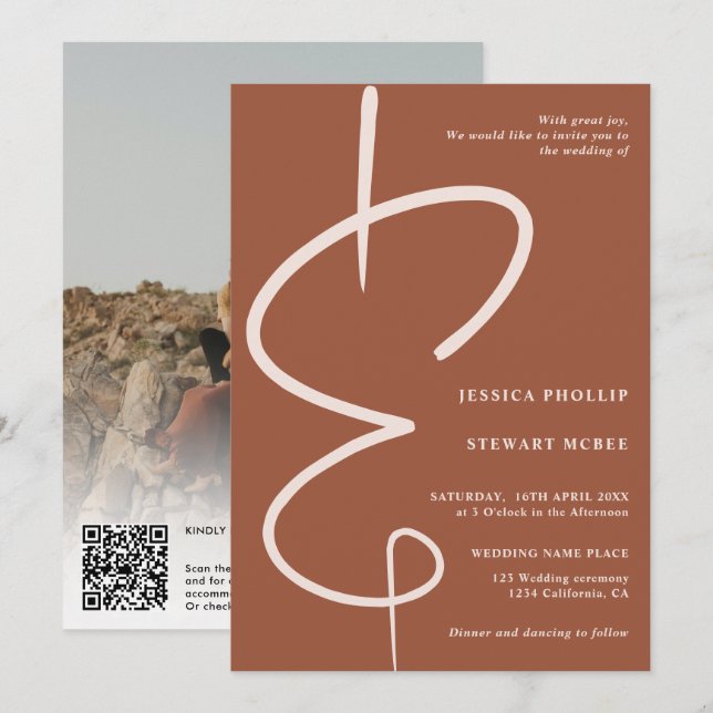 Convites Foto de Ampersand, roteiro de terracotta Qr code c (Frente/Verso)