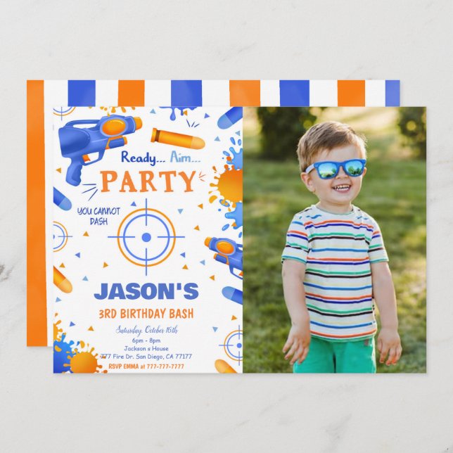 Convites Foto de Aniversário da Arma Azul e Laranja (Frente/Verso)