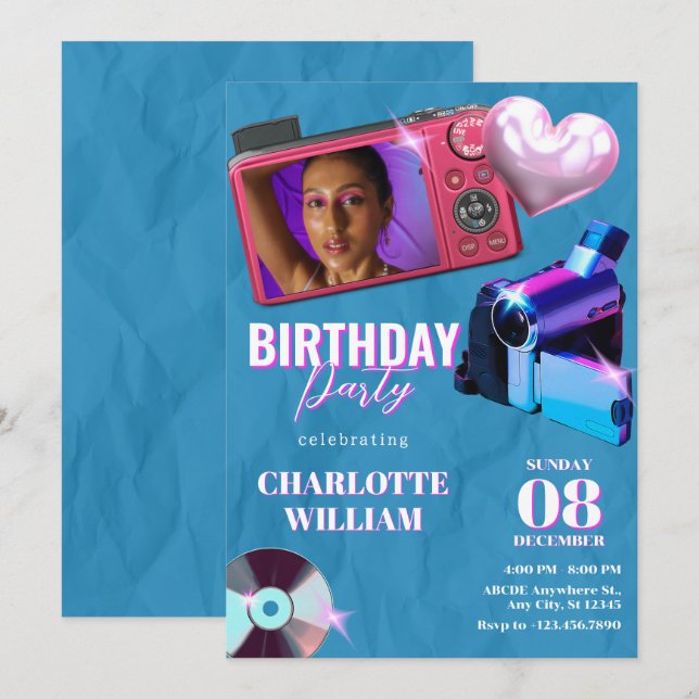 Convites Foto de aniversário da câmara Teen Aestic Y2k (Frente/Verso)