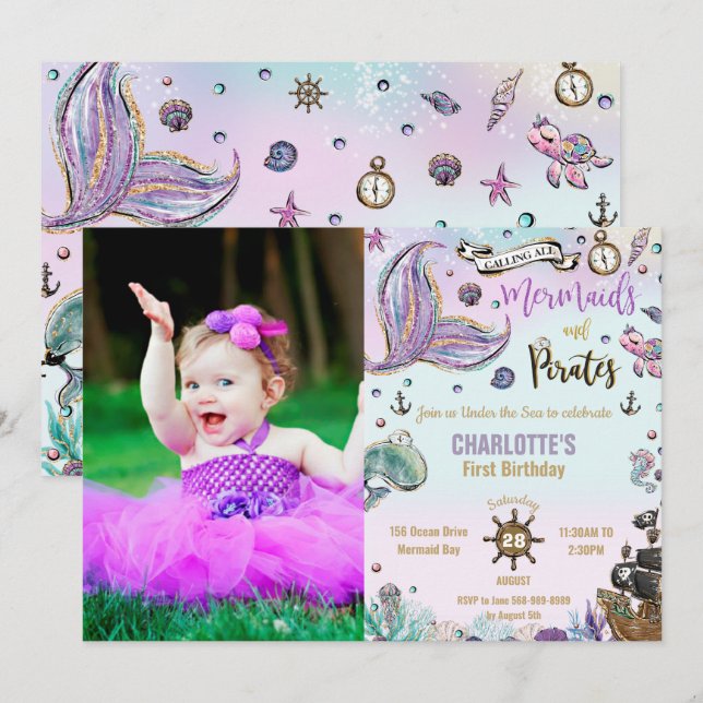 Convites Foto de Aniversário da Companhia das Sereias e Pir (Frente/Verso)
