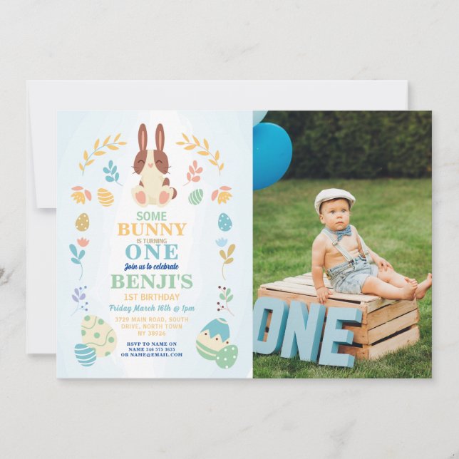 Convites Foto de Aniversário da Festa de Páscoa 1rua Bunny (Frente)