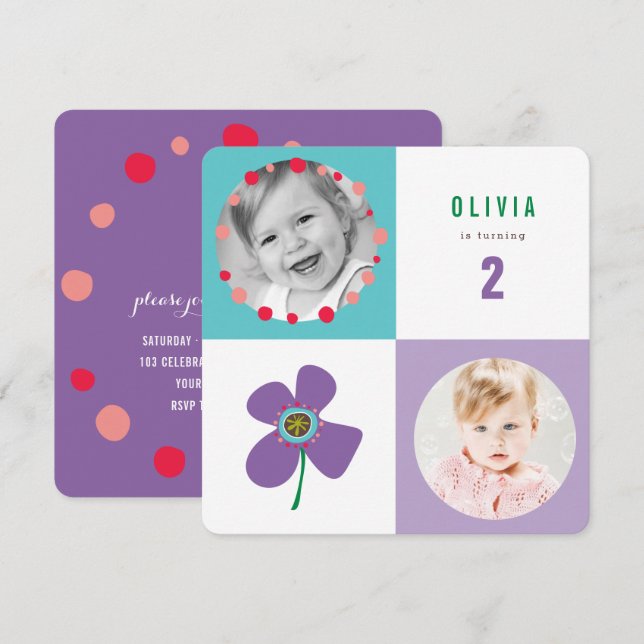 Convites Foto de Aniversário da Pop Praça Roxa (Frente/Verso)