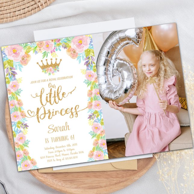 Convites Foto de Aniversário da Princesa Floral da Glitter  (Glitter Crown Floral Princess Birthday Photo Invitation)