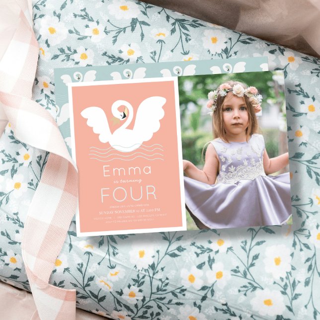 Convites Foto de aniversário da Swan Princess Pink Modern G (Criador carregado)