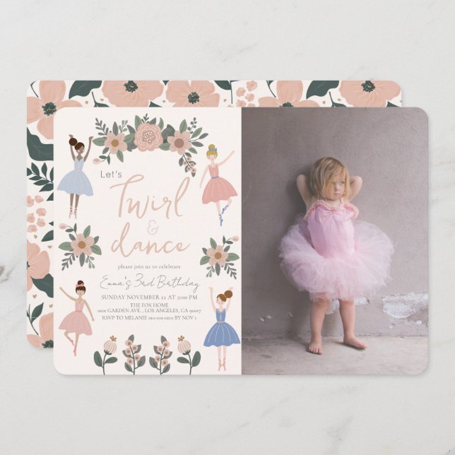 Convites Foto de aniversário da Twirl & Dance Ballerina Flo (Frente/Verso)