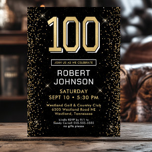 Convites Foto de Aniversário de 100 anos em Preto e Dourado