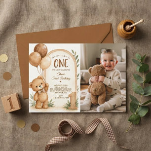 Convites Foto de aniversário de 1 ano de Urso Marrom Neutro