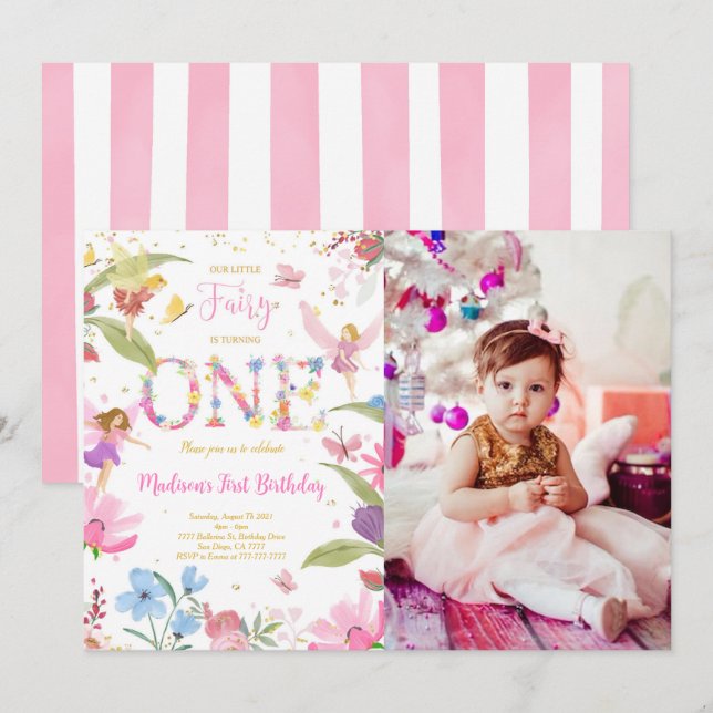 Convites Foto de aniversário de 1rua de fada Ouro (Frente/Verso)