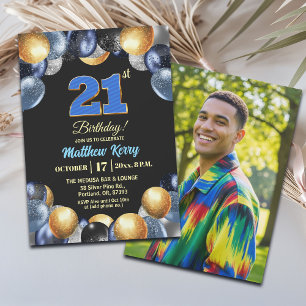 Convites Foto de Aniversário de 21 anos Azul Prata Dourado 