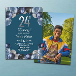 Convites Foto de Aniversário de 24 anos com Brilho Azul Ele