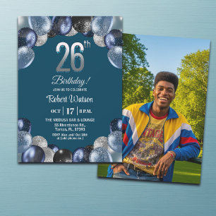 Convites Foto de Aniversário de 26 anos com Brilho Azul Ele