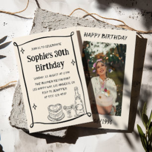 Convites Foto de Aniversário de 30 Anos Desenhada à Mão em