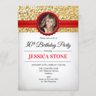 Convites Foto de aniversário de 30 anos - Dourado vermelho 