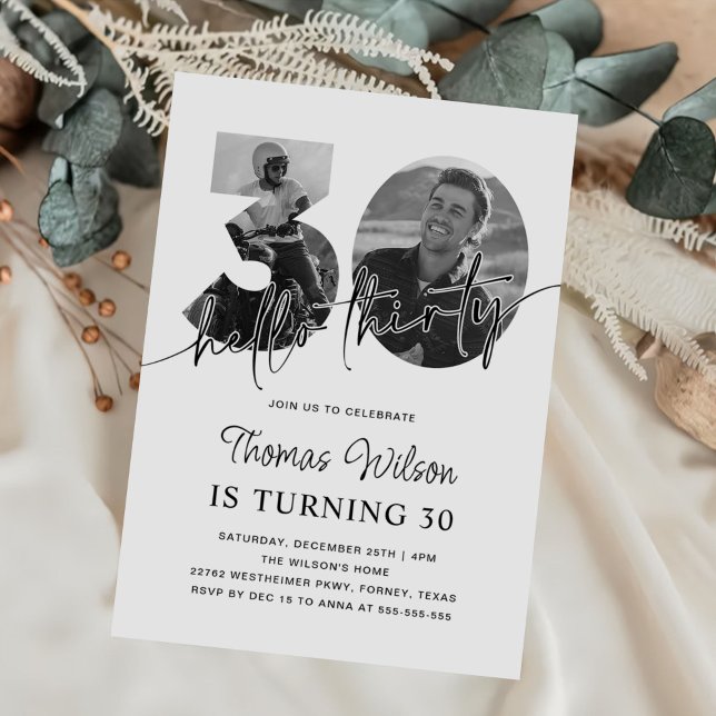 Convites Foto de aniversário de 30 anos simples moderno (Criador carregado)