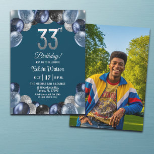 Convites Foto de Aniversário de 33 anos com Brilho Azul Ele