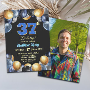 Convites Foto de Aniversário de 37 anos Azul Prata Dourado