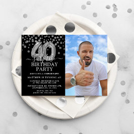 Convites Foto de Aniversário de 40 anos Preta e Prata Moder