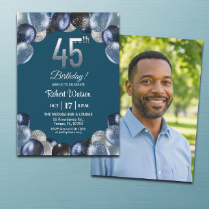 Convites Foto de Aniversário de 45 anos Azul Elegante com B