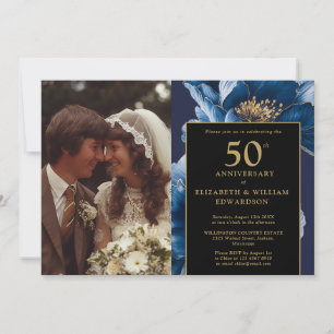 Convites Foto de aniversário de 50 anos em floral azul pret