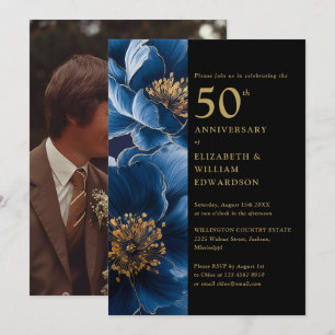 Convites Foto de aniversário de 50 anos floral azul preto e