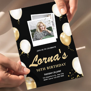 Convites Foto de Aniversário de 50 Anos • Preto Dourado Ele