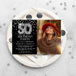 Convites Foto de Aniversário de 50 anos Surpresa Preta e Pr