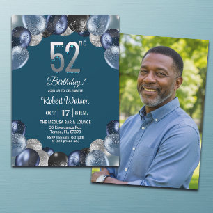 Convites Foto de Aniversário de 52 anos com Brilho Azul Ele