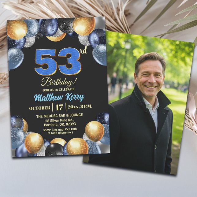 Convites Foto de Aniversário de 53 anos Azul Prata Dourado  (Criador carregado)