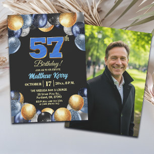 Convites Foto de Aniversário de 57 anos Azul Prata Dourado 