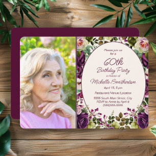 Convites Foto de Aniversário de 60 anos com Floral Botânica