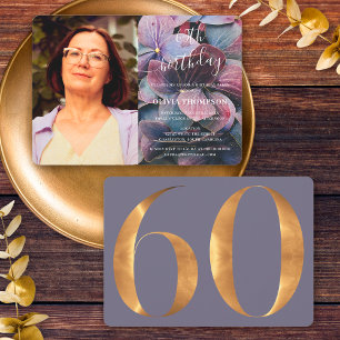 Convites Foto de Aniversário de 60 anos com Hortênsias Dour
