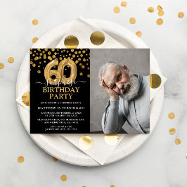 Convites Foto de Aniversário de 60 anos Surpresa Preta e Do